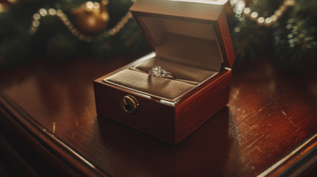 Jewelry, gold diamond ring in wooden box ring for marriage proposalの写真素材