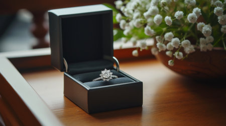 Jewelry, gold diamond ring in wooden box ring for marriage proposalの写真素材