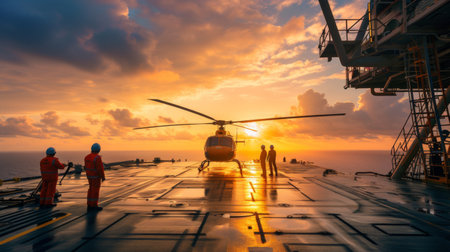 The helicopter landing at oil rig platform.の素材