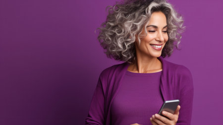 Content mature female with grey colored hair portrait with smartphone against purple in studio.の素材