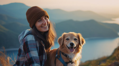 girl with a toller dog in the mountains. Autumn mood. Traveling with a pet.の素材