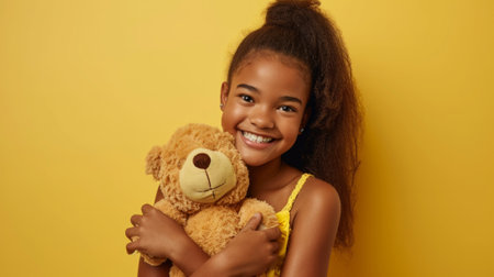 Portrait of smiling african girl hugging teddy bear toy isolated on yellow backgroundの素材
