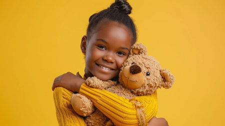 Portrait of smiling african girl hugging teddy bear toy isolated on yellow backgroundの素材