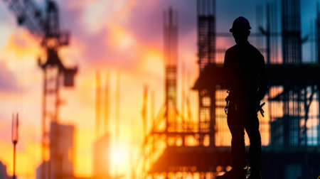 Silhouette Teams of Business Engineers looking for blueprints in construction sites through blurry construction sites at sunset.の素材