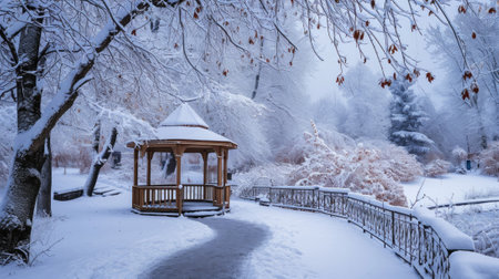 Snow - covered gazebo in a park, with a winding path and frosted trees, creating a magical winter wonderland.の素材