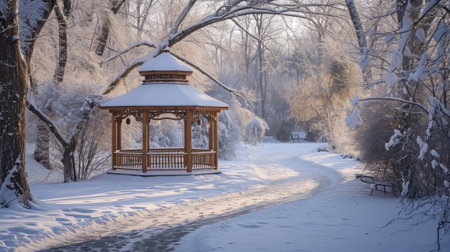 Snow - covered gazebo in a park, with a winding path and frosted trees, creating a magical winter wonderland.の素材