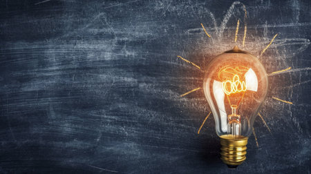 Business Idea Concept. Yellow crumpled paper ball light bulb lighting grow around on chalkboard.の素材