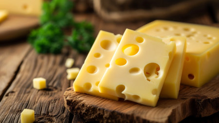 Maasdam cheese, Netherlands cheese, on wooden table.の素材