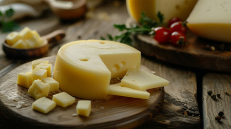 Maasdam cheese, Netherlands cheese, on wooden table.の素材