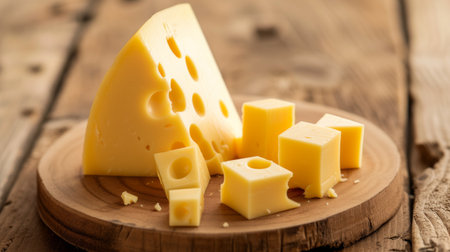 Maasdam cheese, Netherlands cheese, on wooden table.の素材