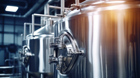 Interior of brewery, large steel storage tanks for brewing beerの素材