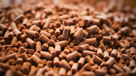 Wooden pellets background, pattern. Close up natural wood pellet. Ecological heating, renewable energy Biofuels. Top view. Flat lay ecological fuel for solid fuel boilersの素材