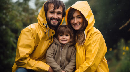 Great time on rainy day with my family. happy family in yellow raincoats.の素材