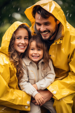 Great time on rainy day with my family. happy family in yellow raincoats.の素材