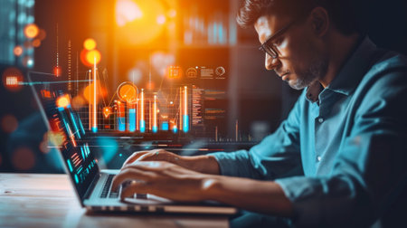 ERP, document management concept.Businessman working with laptop computer with icons on virtual screen and office blur background.の素材