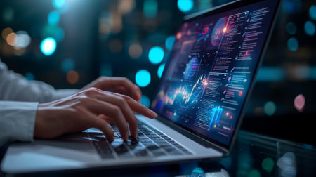 ERP, document management concept.Businessman working with laptop computer with icons on virtual screen and office blur background.の素材