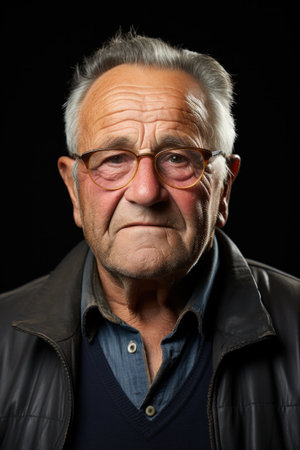 smiling bestager stands in front of dark wall and looks into the camera, Senior man studio portrait.の素材