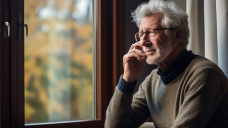 Sad and depressed old man sitting on armchair in living room feeling hurt and lonely. Frustrated senior sitting on sofa at nursing home with head leaning on his hand while looking through the window.の素材