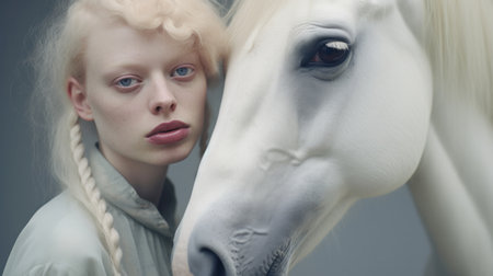 Albino horse with albino woman, close up portraitの素材