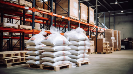 Hangar warehouse with big white polyethylene bags of industrial and logistics companies. Warehousing on the floorの素材