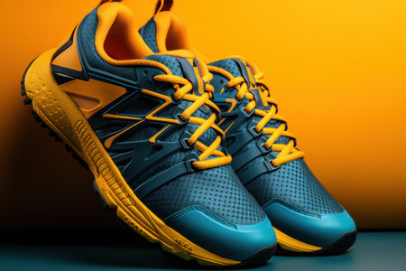 Blue yellow noname Sports sneakers on blue background with developing laces. Side view, close-up.の素材