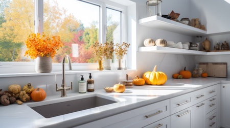 Interior of light kitchen decorated for Halloween with pumpkins and countersの素材