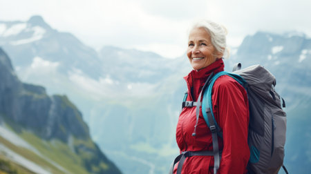 Attractive senior woman walking outdoors in nature at sunset, hiking.の素材