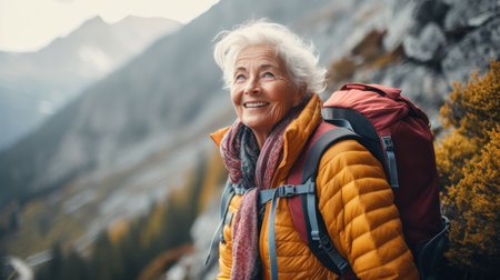 Attractive senior woman walking outdoors in nature at sunset, hiking.の素材