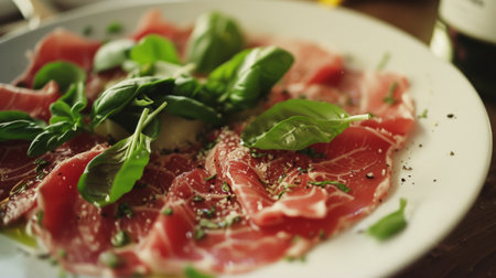 Beef Carpaccio cold appetizer with parmesan and arugula on a plate. Black background. Top viewの素材