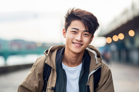 Portrait of positive asian man standing outdoors, walking in urban city area, looking and smiling at camera, free copy spaceの素材
