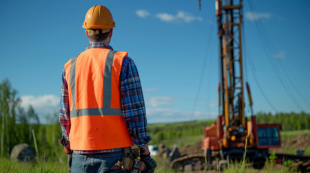 Worker drilling into the earth with his well drilling machine to extract water. Drilling equipment, drills well for water extractionの素材