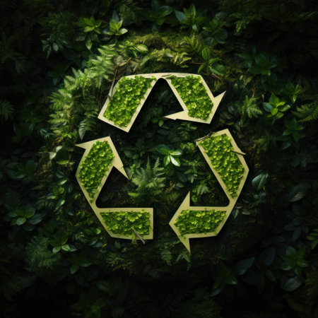 Abstract icon representing the ecological call to recycle and reuse in the shape of a pond with recycling symbol in the middle of a beautiful untouched forest. 3d rendering.の素材
