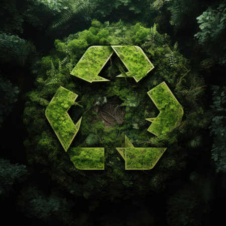 Abstract icon representing the ecological call to recycle and reuse in the shape of a pond with recycling symbol in the middle of a beautiful untouched forest. 3d rendering.の素材