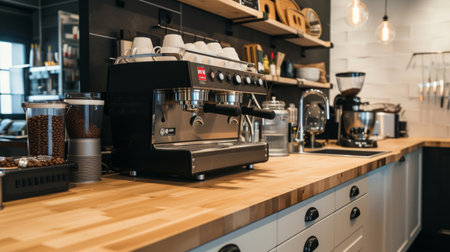 Hipster looking coffee shop ready to open for the day with a clean and tidy counter and well-maintained shiny coffee machine on the the wooden surface..の素材