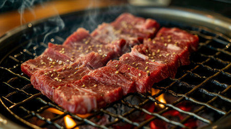 Beef steaks on the grill with flames.の素材