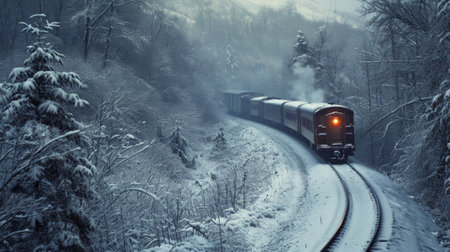 Steam train ride in winter snow travel sceneの素材