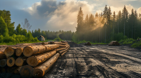 Pine timber stacked at lumber yard.の素材