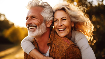 Happy mature couple having fun outdoors on sunny day. Woman on mans shouldersの素材