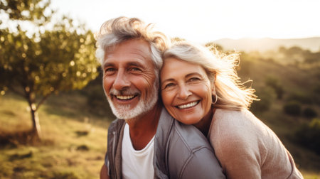 Happy mature couple having fun outdoors on sunny day. Woman on mans shouldersの素材