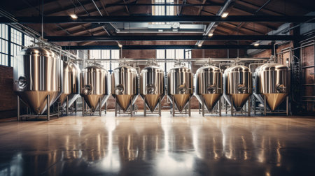 Interior of brewery, large steel storage tanks for brewing beerの素材