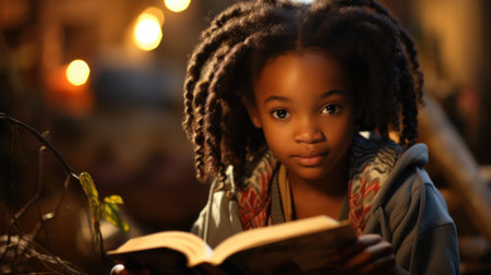 Student little girl reading with a book indoors with lights on backgroundの素材