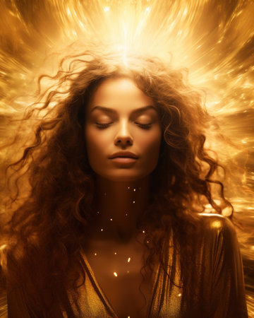 Woman inner energy close up portrait, self heal soul, brain power think, mind body, dream idea in head, big data ai learn concept.の素材