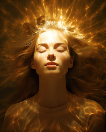 Woman inner energy close up portrait, self heal soul, brain power think, mind body, dream idea in head, big data ai learn concept.の素材