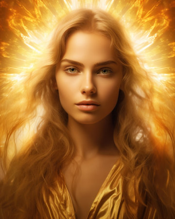 Woman inner energy close up portrait, self heal soul, brain power think, mind body, dream idea in head, big data ai learn concept.の素材