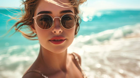 Portrait of a smiling woman wearing sunglasses at the beachの素材