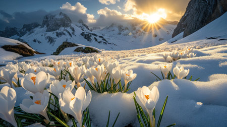 Beautiful snowdrop flower among the snow. Snowdrop forest. Magnificent view of snowdrop formation. A forest covered with snowdropsの素材