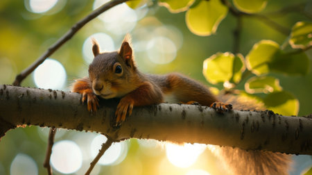 Portrait of a beautiful squirrel sitting on branches. The squirrel sits on a branch and eats a nut. Beautiful and fluffy squirrel in the winter on a tree.の素材