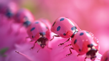 Large group of pink Harlequin ladybird. Invasive ladybirds in line.の素材