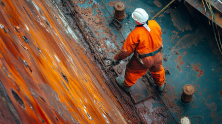 Worker cleans the hull of an old ship from rust. Vessel renovationの素材