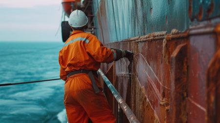 Worker cleans the hull of an old ship from rust. Vessel renovationの素材